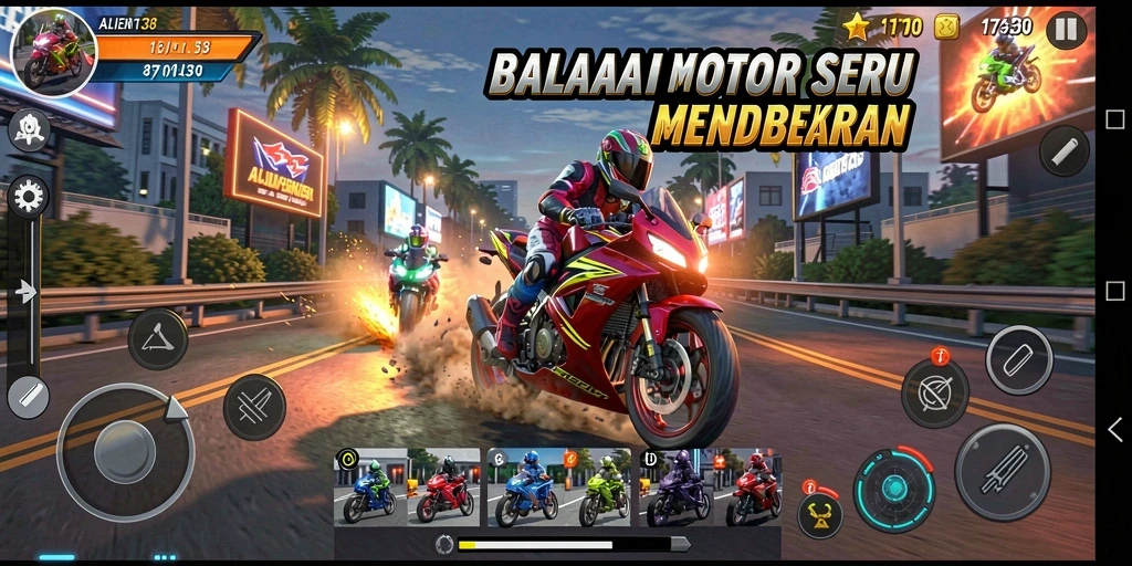Tampilan gameplay balapan motor yang mendebarkan dan intens.