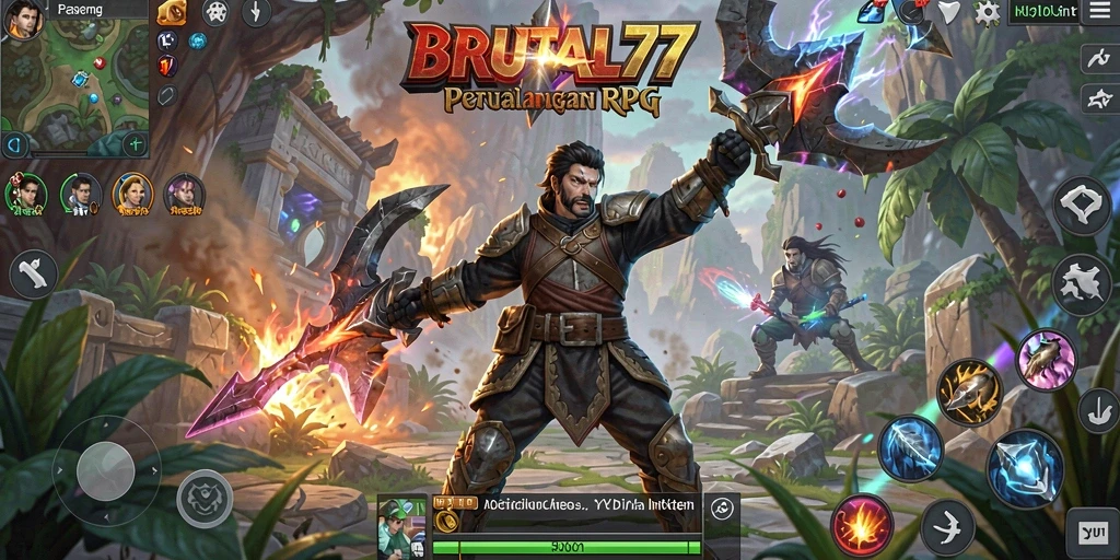 Screenshot gameplay BRUTAL77 menampilkan pertarungan epik dalam dunia RPG.