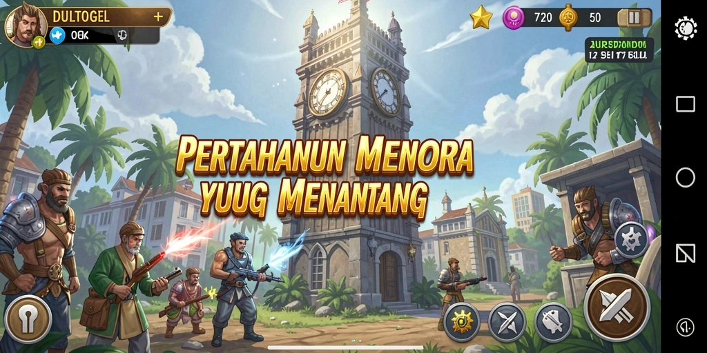 Tampilan gameplay DULTOGEL dengan menara yang beragam.