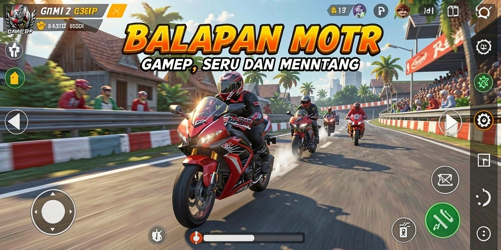 GAMERP menampilkan aksi balapan motor yang penuh adrenalin.
