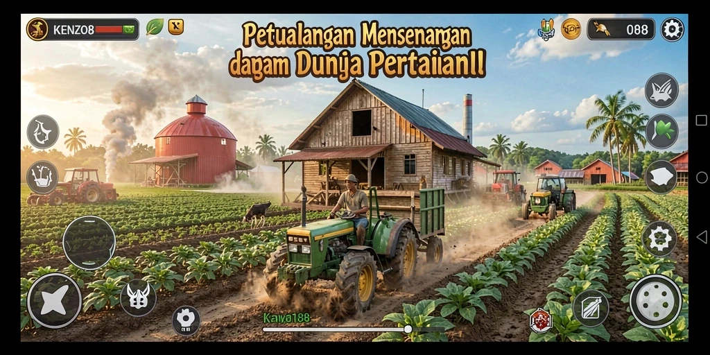 Tampilan gameplay menarik KENZO188 menampilkan suasana pertanian yang cerah.