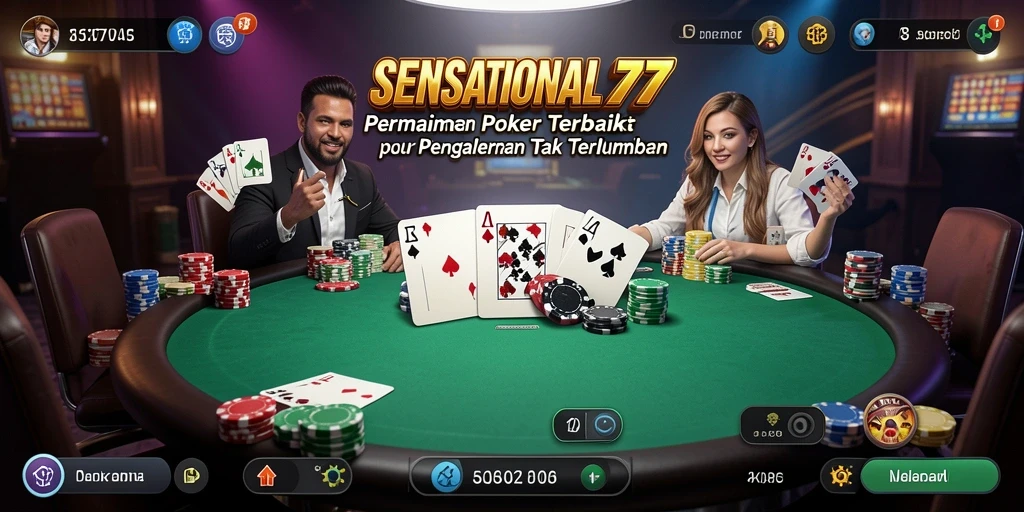 Screenshot utama SENSATIONAL77 menampilkan aksi seru dalam permainan poker.