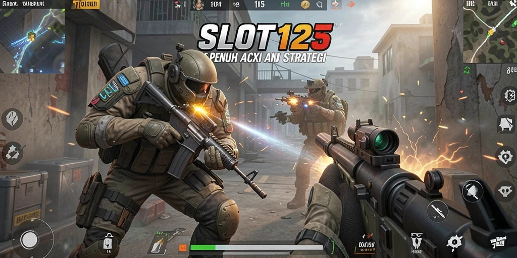 Gameplay SLOT123 yang intens dan penuh aksi dalam pertempuran FPS.