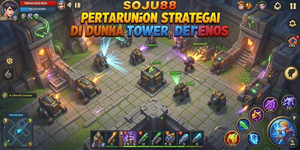 Tampilan seru dari gameplay Tower Defense SOJU88 dengan menara dan musuh.