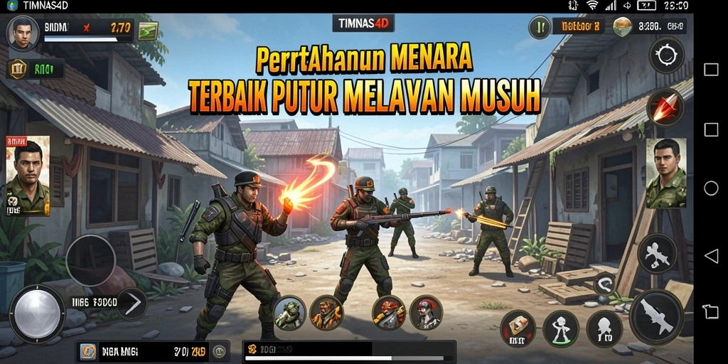 Tangkapan layar yang menunjukkan pertarungan menara melawan gelombang musuh di TIMNAS4D.